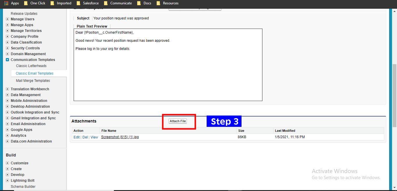 How to attach a file to an email template in Salesforce